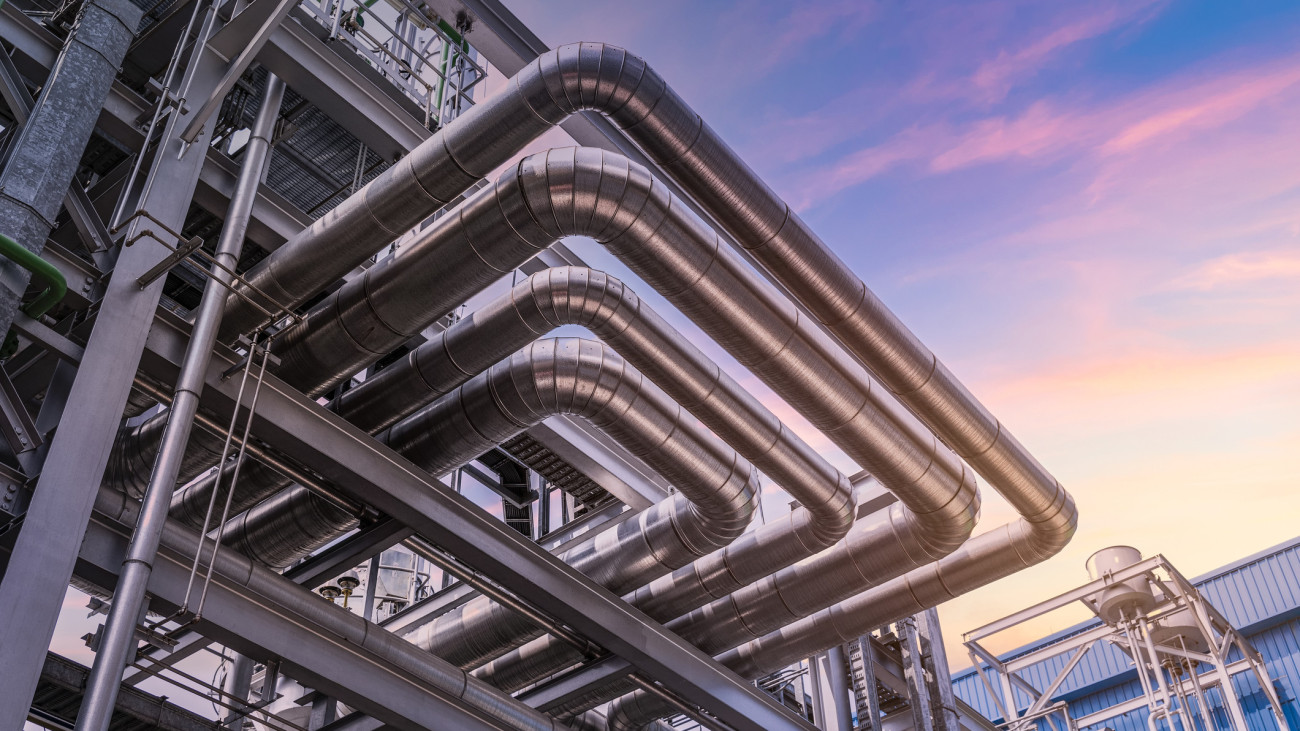 pipeline of oil and gas at industry zone.The pipe of factory ,Close-up of industrial steel pipelines at oil-refinery plant and sky
