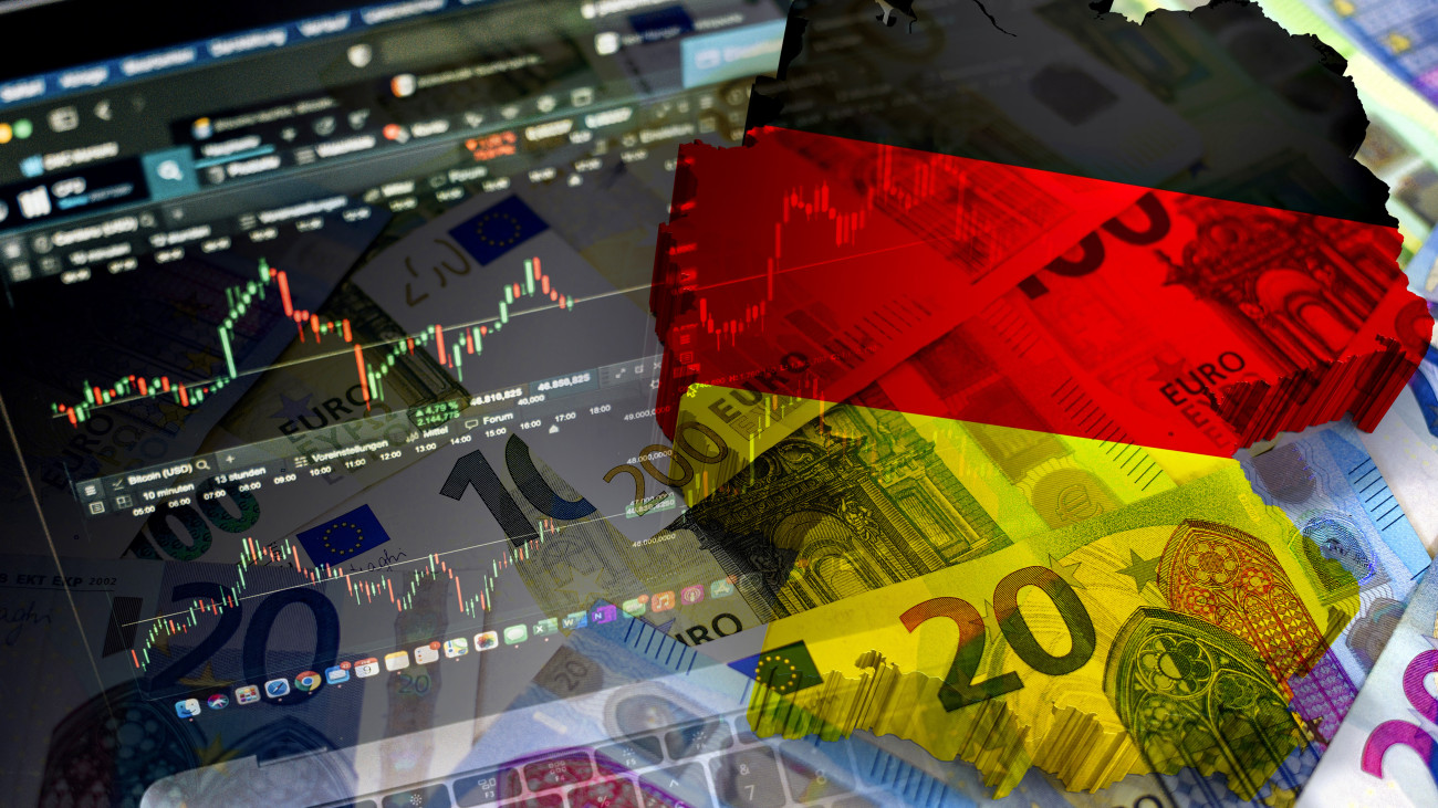 Map and flag of Germany, cash euro bills and stock market indicators (economy, money, inflation, crisis, markets, finance, business)