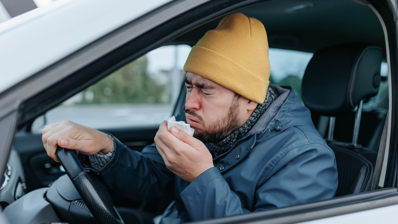 Join a young chauffeur on a unique journey through the challenges of flu season. This 4k image encapsulates the bearded mans discomfort, showcasing sneezing and coughing on city streets.