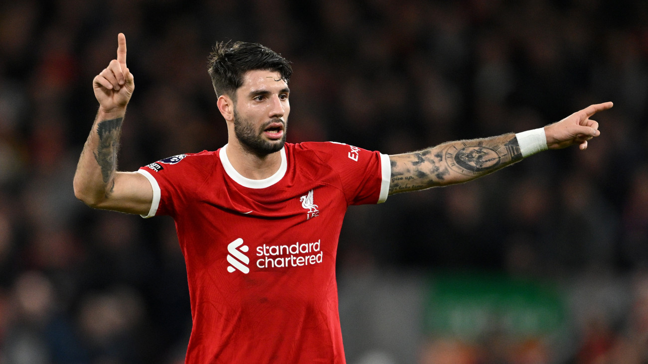 LIVERPOOL, ENGLAND - DECEMBER 23: Dominik Szoboszlai of Liverpool gestures during the Premier League match between Liverpool FC and Arsenal FC at Anfield on December 23, 2023 in Liverpool, England. (Photo by Michael Regan/Getty Images)