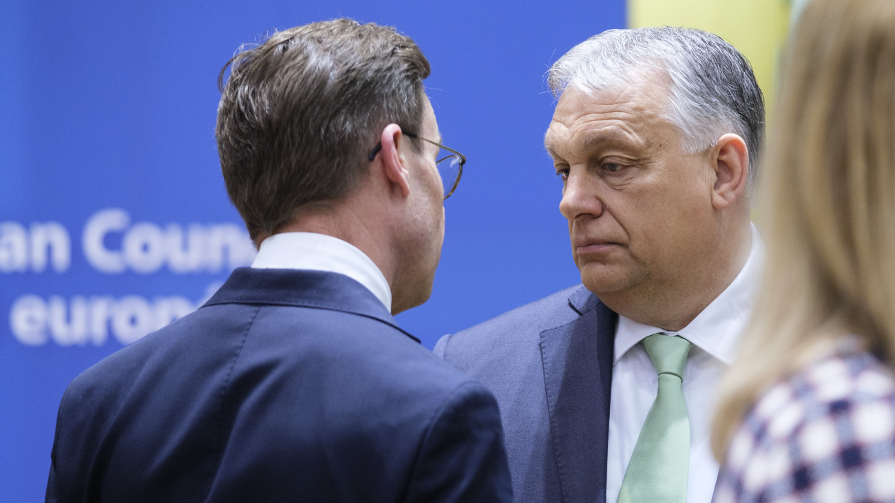 BRUSSELS, BELGIUM - MARCH 23: Swedish Prime Minister Ulf Hjalmar Ed Kristersson (L) talks with the Hungarian Prime Minister Viktor Mihaly Orban (R) prior the start of a two days EU Summit in the Europa, the EU Council headquarter on March 23, 2023 in Brussels, Belgium. EU leaders will discuss the latest developments in relation to Russias war of aggression against Ukraine and continued EU support for Ukraine. They will also debate on competitiveness, single market and the economy, energy, external relations and other topics, including migration. (Photo by Thierry Monasse/Getty Images)