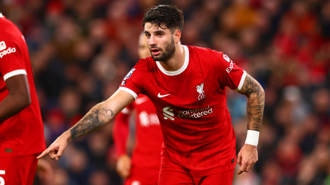 LIVERPOOL, ENGLAND - DECEMBER 23: Dominik Szoboszlai of Liverpool gestures during the Premier League match between Liverpool FC and Arsenal FC at Anfield on December 23, 2023 in Liverpool, England. (Photo by Chris Brunskill/Fantasista/Getty Images)