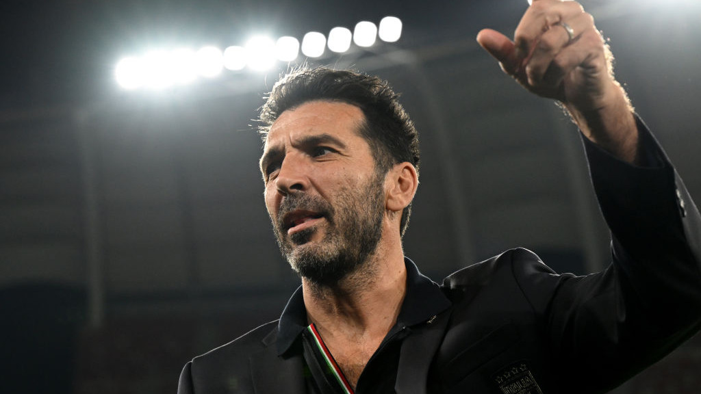 BARI, ITALY - OCTOBER 13:  Italy Head of Delegation Gianluigi Buffon looks on during pitch inspection at Stadio San Nicola on October 13, 2023 in Bari, Italy. (Photo by Claudio Villa/Getty Images)