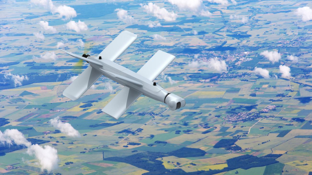 Russian loitering munition autonomous swarm pusher-prop aerial drone. Digitally Generated Image