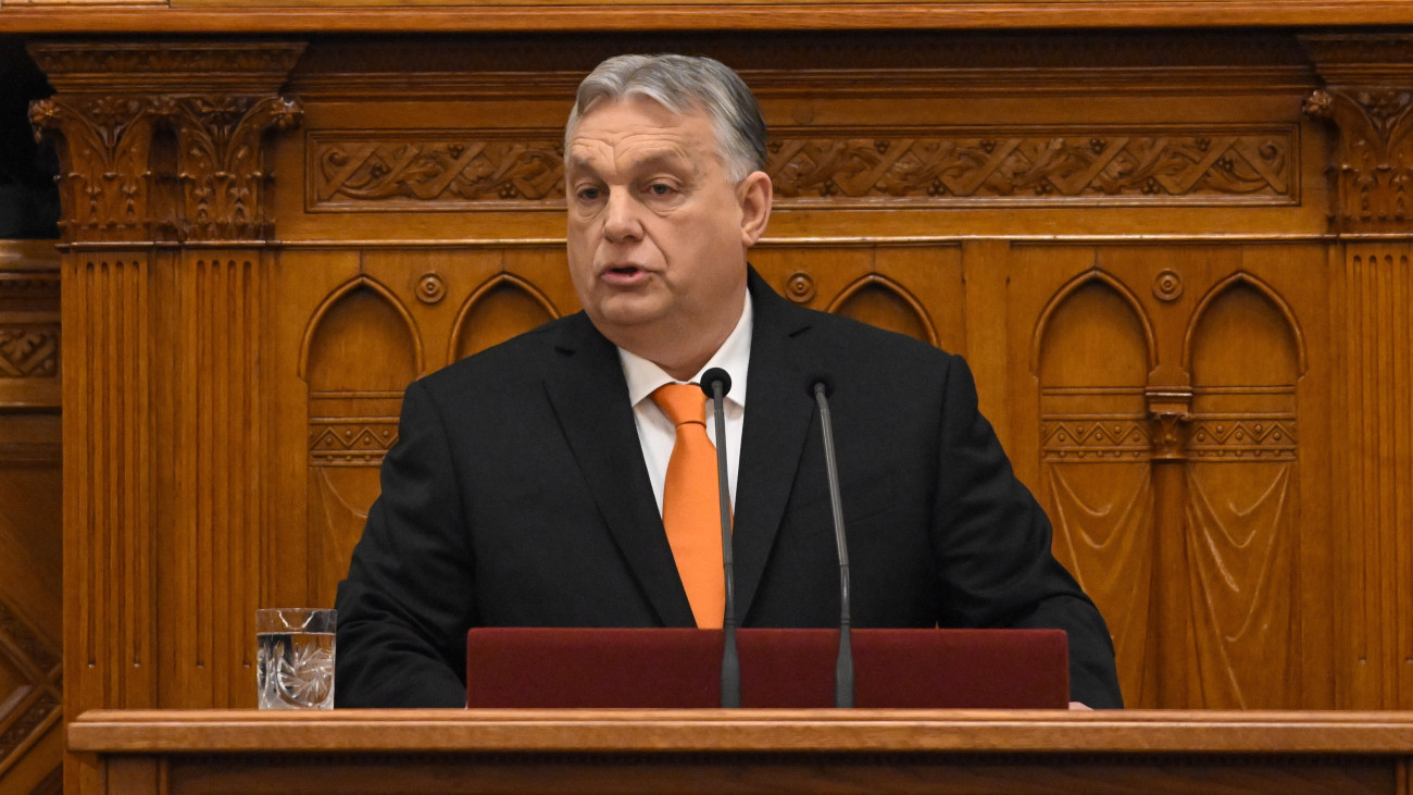 Orbán Viktor miniszterelnök felszólal napirend előtt az Országgyűlés plenáris ülésén 2024. február 26-án.