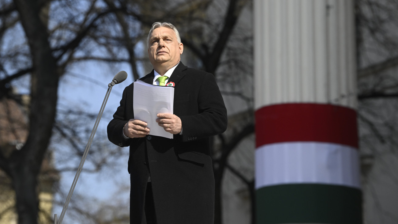 Orbán Viktor miniszterelnök beszédet mond az 1848/49-es forradalom és szabadságharc 176. évfordulója alkalmából tartott állami díszünnepségen a Múzeumkertben 2024. március 15-én.