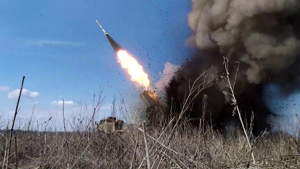 PRIMORSKY, RUSSIA - MARCH 29: (----EDITORIAL USE ONLY - MANDATORY CREDIT - RUSSIAN DEFENSE MINISTRY / HANDOUT - NO MARKETING NO ADVERTISING CAMPAIGNS - DISTRIBUTED AS A SERVICE TO CLIENTS----) A screen grab captured from a video shows crews of the Uragan MLRS of the Vostok group of troops launch missile attacks towards Ukrainian positions in Donetsk, from the Primorsky Territory, Russia on March 29, 2024. (Photo by Russian Defense Ministry / Handout/Anadolu via Getty Images)