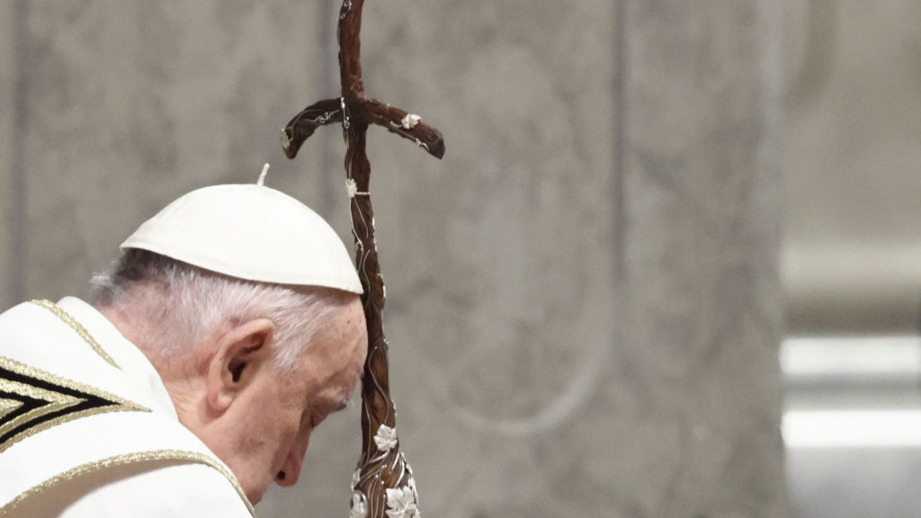 Pope Francis during the Chrism Mass at Saint Peters Basilica in Vatican on March 28, 2024. (Photo by Jakub Porzycki/NurPhoto via Getty Images)