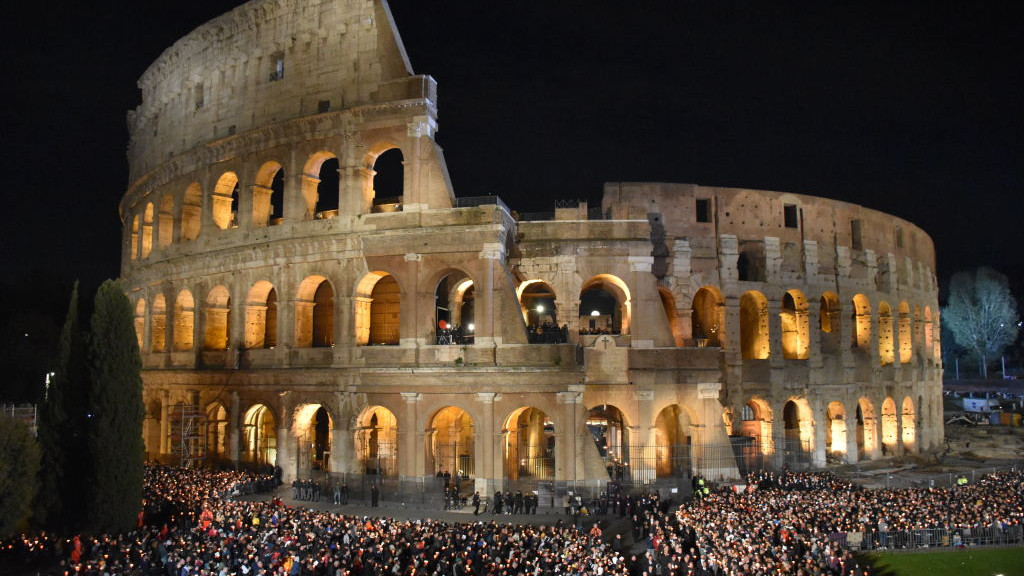 ROME, ITALY - APRIL 07: A general view of the Colosseum (Colosseo) during the Via Crucis (Way of the Cross) procession of Good Friday, in Rome, Italy on April 07, 2023. (Photo by Baris Seckin/Anadolu Agency via Getty Images)