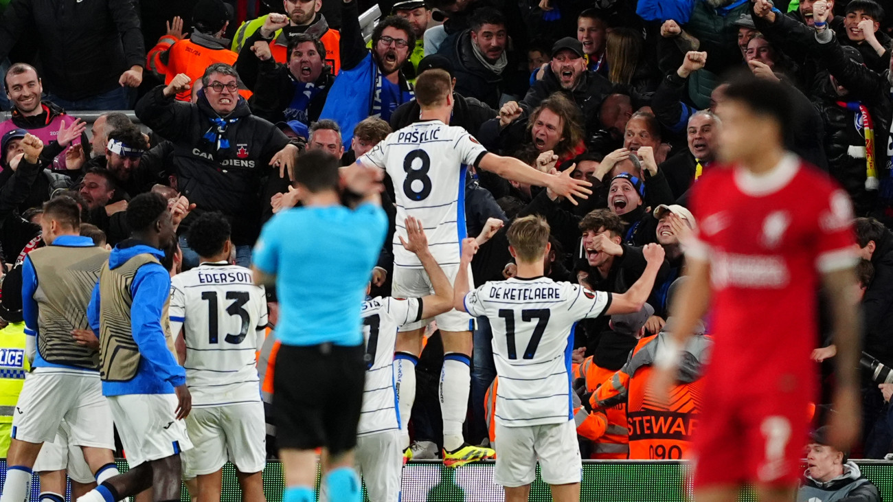 Atalantas Mario Pasalic celebrates scoring their third goal of the game during the UEFA Europa League quarter-final, first leg match at Anfield, Liverpool. Picture date: Thursday April 11, 2024. (Photo by Peter Byrne/PA Images via Getty Images)