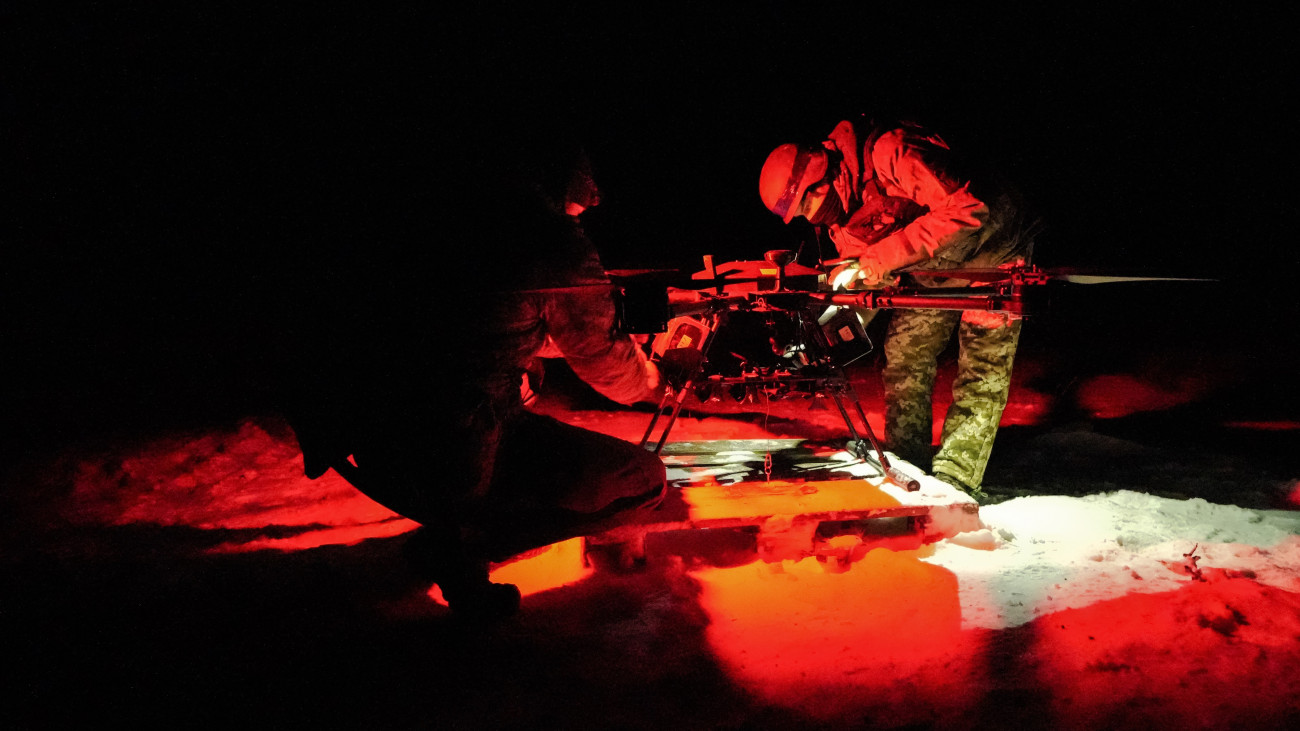 DONETSK OBLAST, UKRAINE - JANUARY 13: Soldiers of the âAchillesâ company of the 92nd Brigade prepare the Ukrainian strike drone âBaba Yagaâ for launch on January 13, 2024 in Donetsk Oblast, Ukraine. The work of FPV and strike drones on the Bakhmut direction has pushed the Russian artillery to a distance far from the line of contact. Soldier of the âAchillesâ company of the 92nd Separate Mechanized Brigade are also active on this direction. (Photo by Denys Klymenko /Gwara Media/Global Images Ukraine via Getty Images)