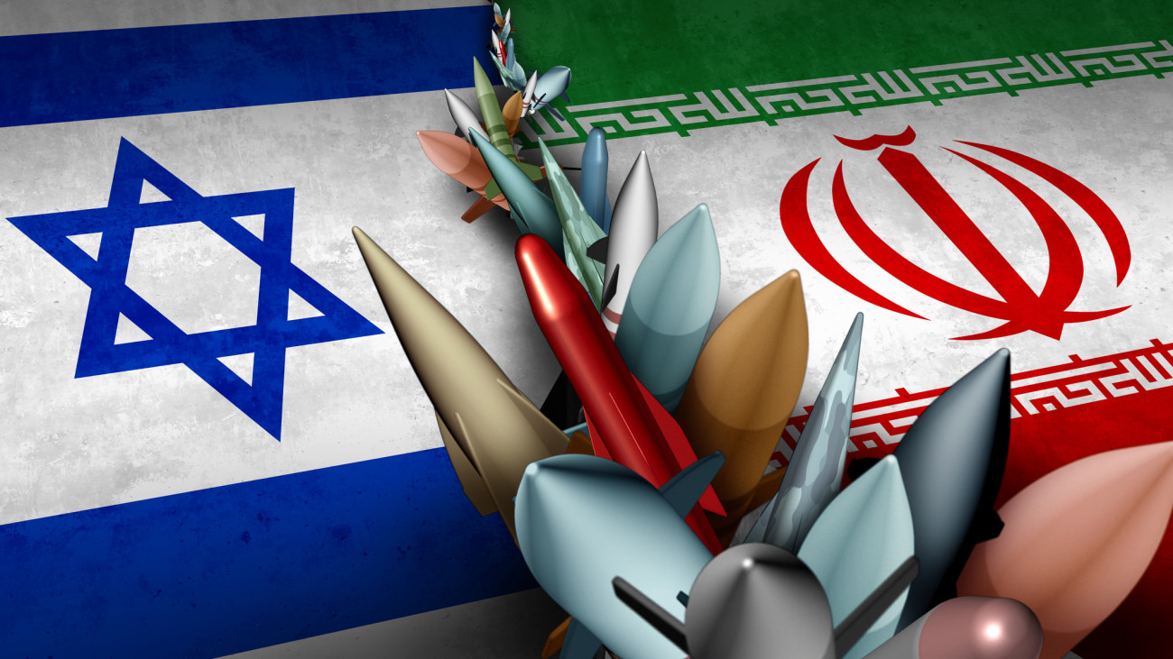 Iran Israel Military Crisis and armed confrontation or Israeli Iranian proxy war conflict with two opposing governments in a dispute as a persian gulf and armed middle east.