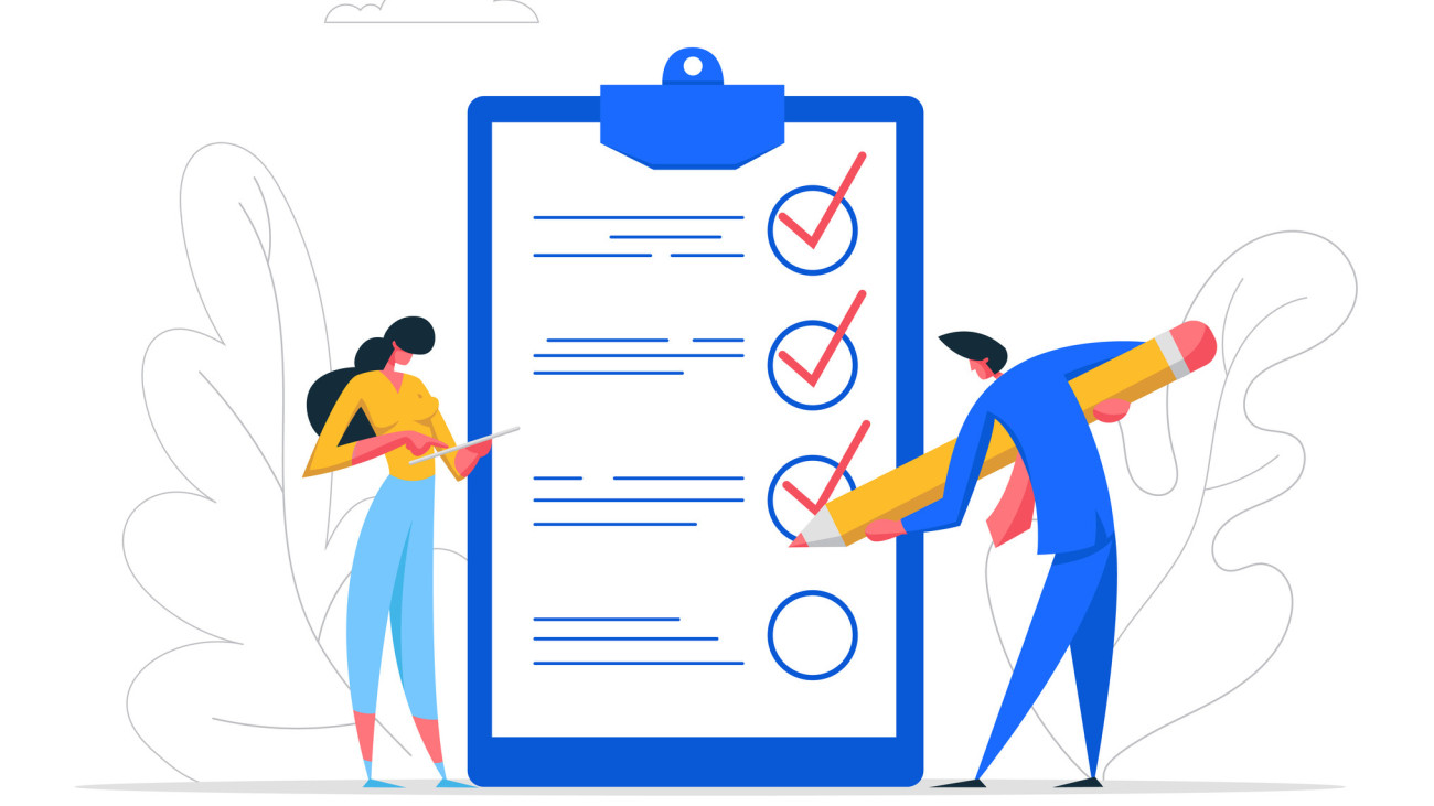 Businessman Character Mark Checklist with Pen. Businesswoman Completion Business Task. Goal Achievements People Planning Schedule Concept. Flat Vector Cartoon Illustration