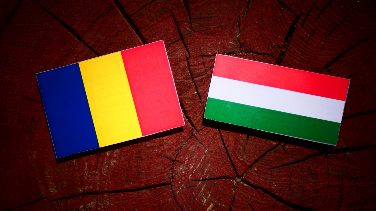 Romanian flag with Hungarian flag on a tree stump isolated