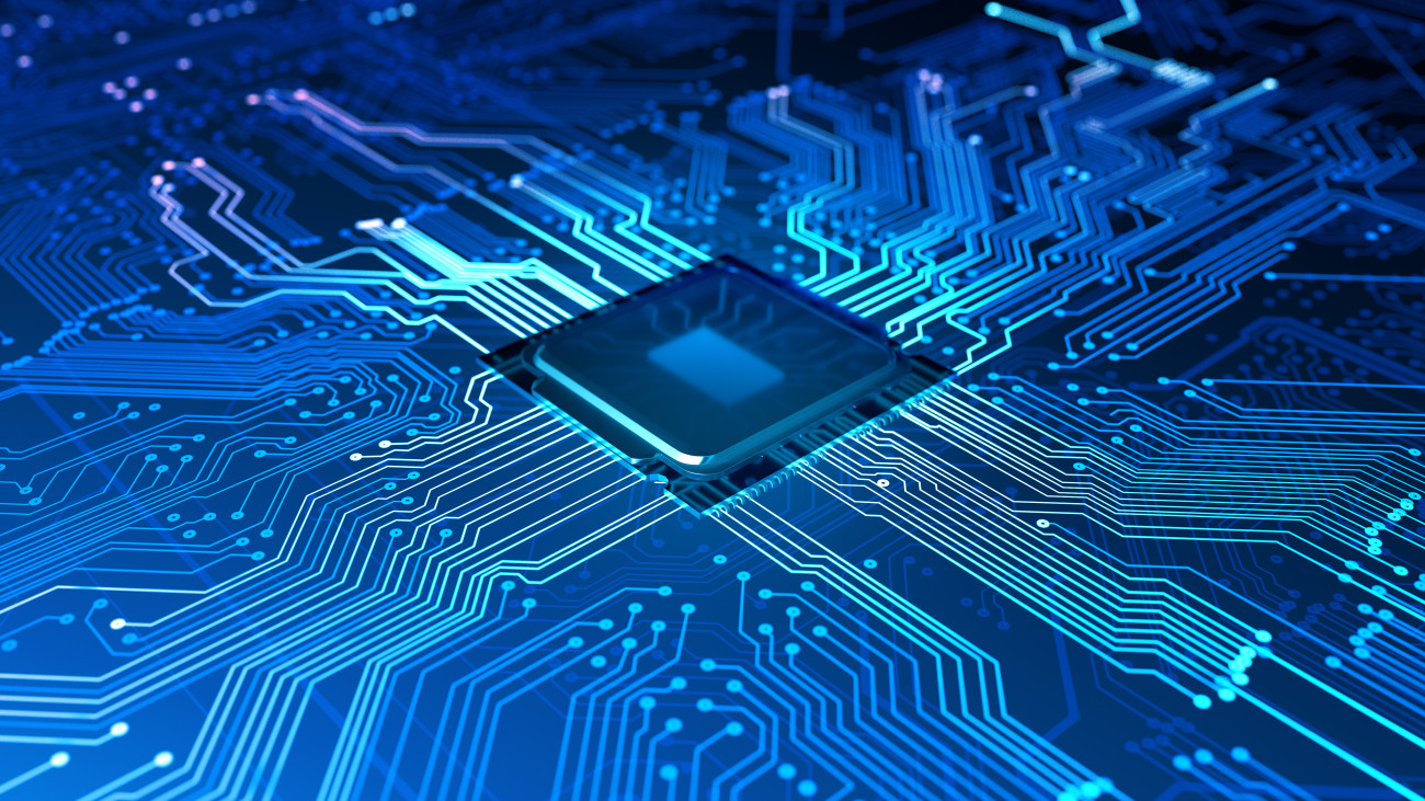 Semiconductor and circuit board with data flowing.