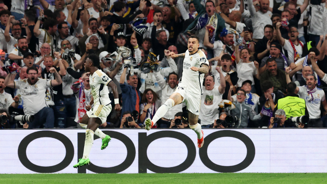 MADRID, SPAIN - MAY 08: Joselu of Real Madrid celebrates scoring his teams first goal during the UEFA Champions League semi-final second leg match between Real Madrid and FC Bayern MĂźnchen at Estadio Santiago Bernabeu on May 08, 2024 in Madrid, Spain. (Photo by Alexander Hassenstein/Getty Images)