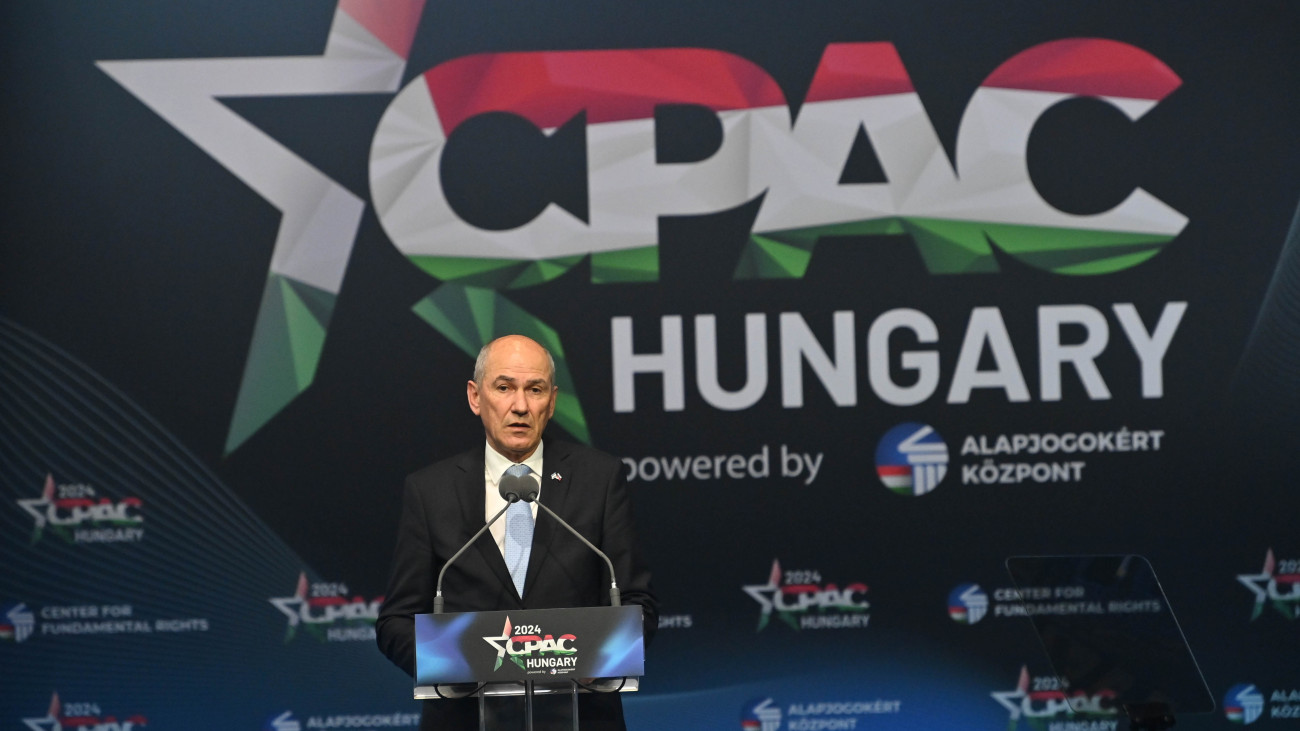 Janez Jansa korábbi szlovén miniszterelnök, a Szlovén Demokrata Párt elnöke beszédet mond a kétnapos Konzervatív Politikai Akció Konferencia (CPAC Hungary) első napján a Millenárison 2024. április 25-én.