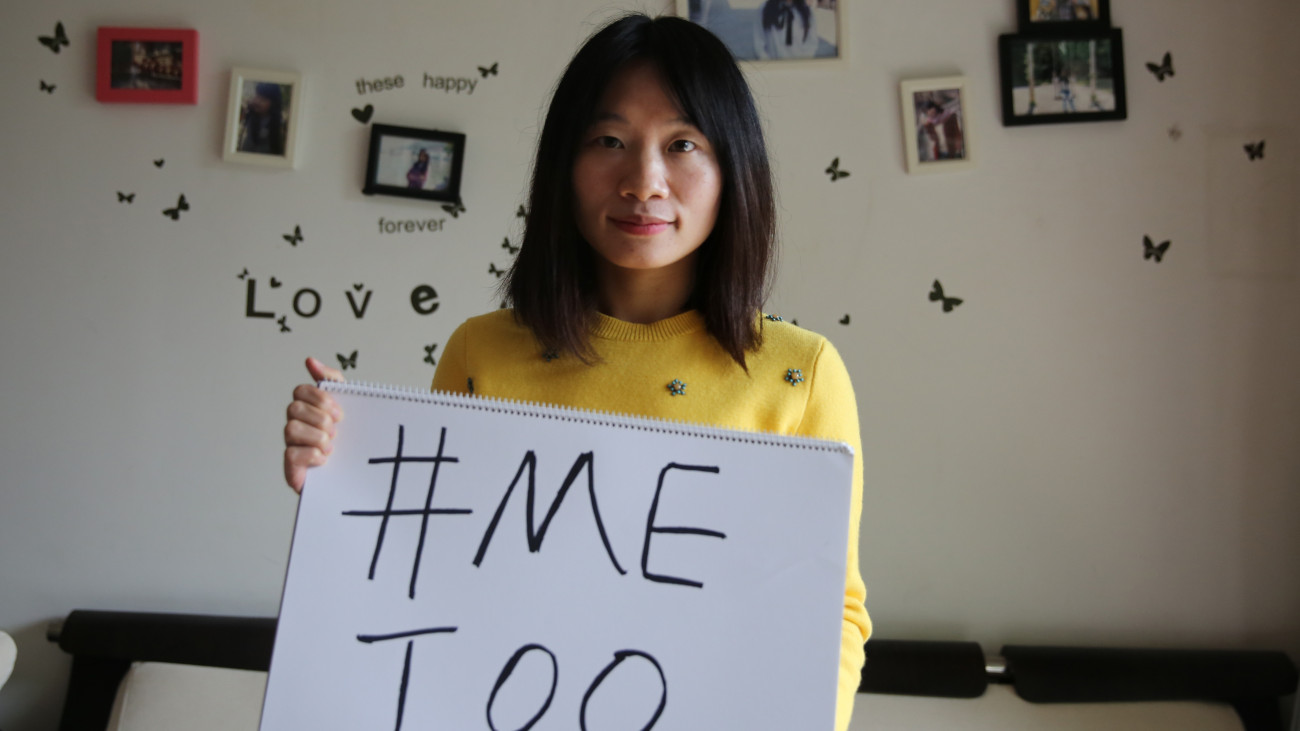 Sophia Huang Xueqin, a freelance journalist who wants to raise peopleĂŠ??s awareness on sexual harassment in China, poses with a #MeToo sign at her home. 08DEC17 SCMP/Thomas Yau (Photo by Thomas Yau/South China Morning Post via Getty Images)