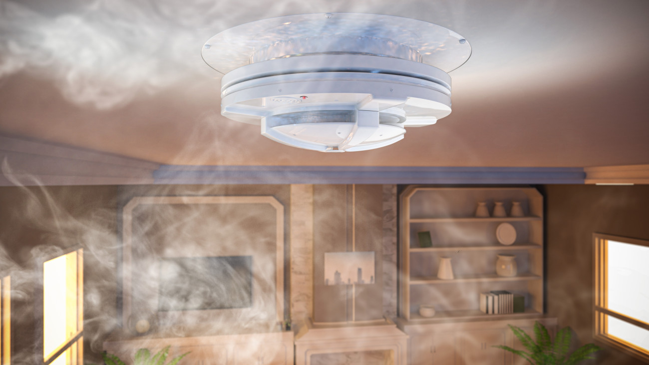 3d rendering smoke detector on ceiling in house