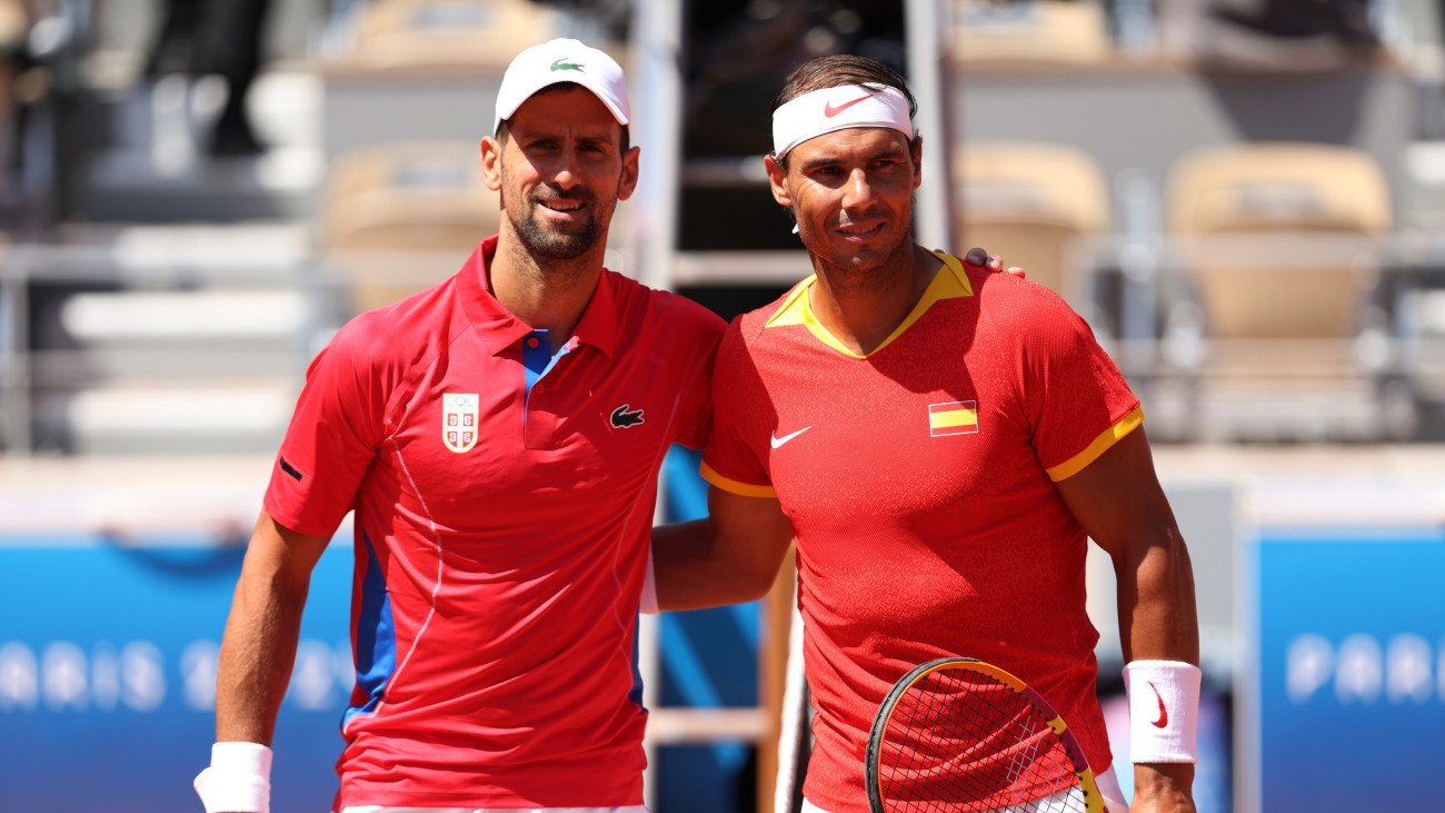PARIS, FRANCE - JULY 29: Novak Djokovic of Team Serbia (L) and Rafael Nadal of Team Spain pose for a photo ahead of the Mens Singles second round match on day three of the Olympic Games Paris 2024 at Roland Garros on July 29, 2024 in Paris, France. (Photo by Clive Brunskill/Getty Images)
