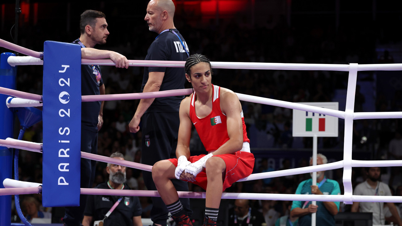 PARIS, FRANCE - AUGUST 01: Imane Khelif of Team Algeria looks on after Angela Carini of Team Italy abandons the Womens 66kg preliminary round match in the first round on day six of the Olympic Games Paris 2024 at North Paris Arena on August 01, 2024 in Paris, France. (Photo by Richard Pelham/Getty Images)