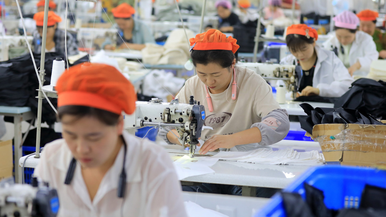 HUAIBEI, CHINA - AUGUST 28: Workers produce cloth bags to be exported to Japan at the workshop of a luggage factory on August 28, 2024 in Huaibei, Anhui Province of China. (Photo by Wan Shaochao/VCG via Getty Images)