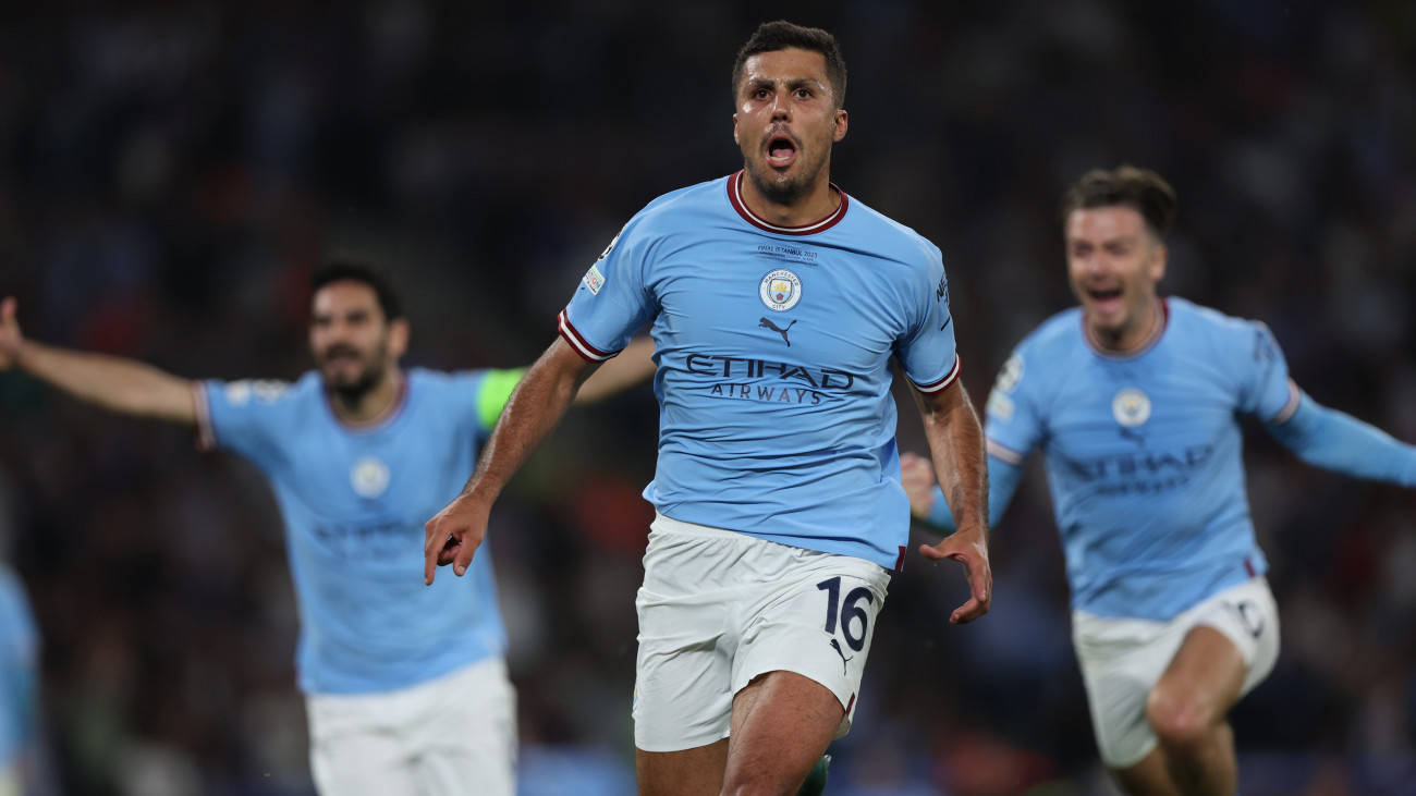 ISTANBUL, TURKEY - JUNE 10: Rodrigo HernĂĄndez of Manchester City FC celebrates after goal during the UEFA Champions League 2022/23 final match between FC Internazionale and Manchester City FC at Ataturk Olympic Stadium on June 10, 2023 in Istanbul, Turkey. (Photo by Amin Mohammad Jamali/Getty Images)