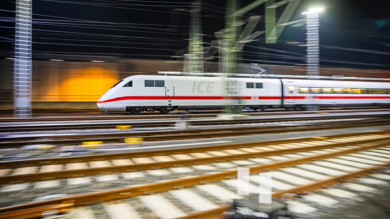 12 March 2024, Berlin: An ICE train leaves the Rummelsburg depot. The German Train Drivers Union (GDL) has called for a further 24-hour strike in the collective bargaining dispute at Deutsche Bahn in passenger and freight transport. (Wiping effect by pulling along) Photo: Christoph Soeder/dpa (Photo by Christoph Soeder/picture alliance via Getty Images)