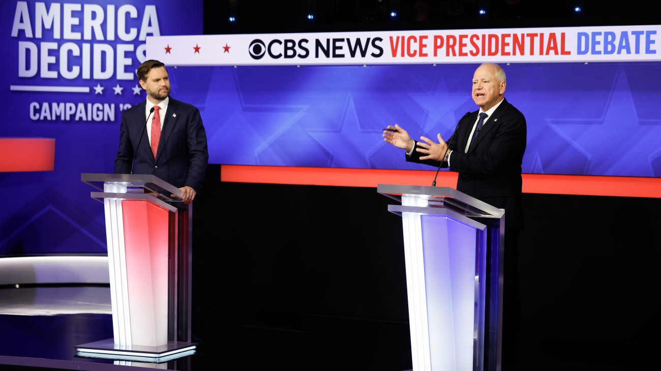 NEW YORK - OCTOBER 01: Republican vice presidential candidate, Sen. JD Vance (R-OH), and Democratic vice presidential candidate, Minnesota Gov. Tim Walz, participate in a debate at the CBS Broadcast Center on October 1, 2024 in New York City. This is expected to be the only vice presidential debate of the 2024 general election. (Photo by Chip Somodevilla/Getty Images)