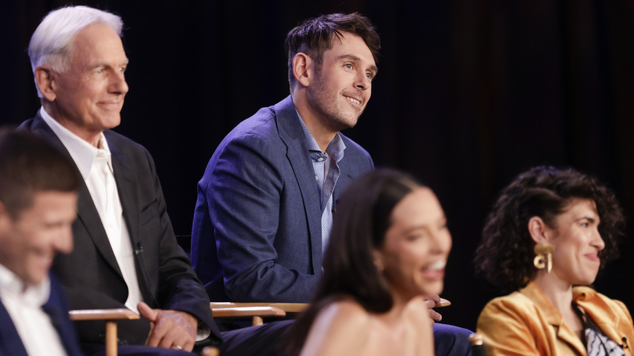 LOS ANGELES - JULY 13: (L-R) Mark Harmon, Executive Producer and Narrator, Shawn Harmon, Executive Producer, Mariel Molino and Diany Rodriguez of the CBS series NCIS: Origins at the TCA SUMMER PRESS TOUR 2024 on Saturday, July 13, 2024 at the Langham Huntington Hotel in Pasadena, CA.