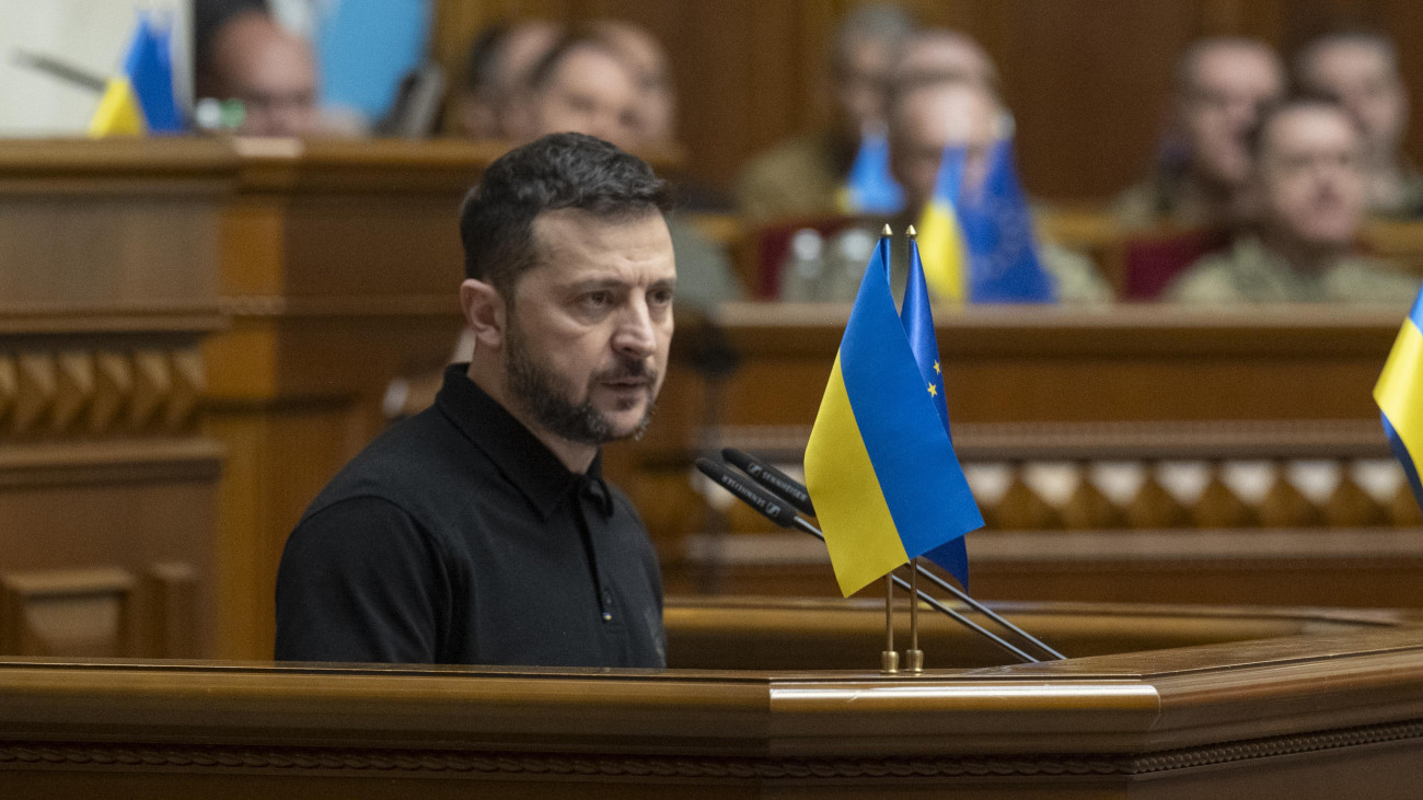 KYIV, UKRAINE - OCTOBER 16: President Volodymyr Zelenskyi unveils the Ukraines Plan For Victory to the Verkhovna Rada on October 16, 2024 in Kyiv, Ukraine. The President of Ukraine presented a 5-point Victory Plan with a few secret annexes. Ukraines Plan for Victory includes geopolitical, military, economic and security aspects to end the war and ensure lasting peace. (Photo by Andrii Nesterenko/Global Images Ukraine via Getty Images)