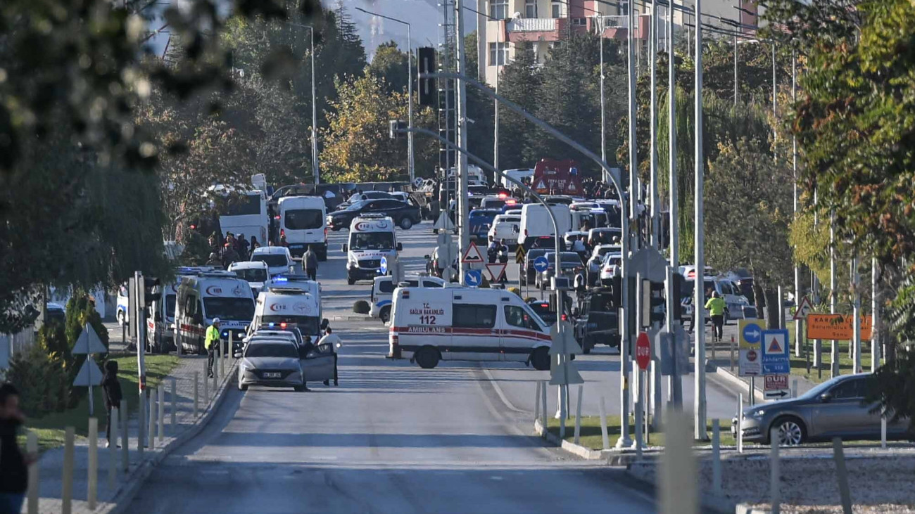 ANKARA, TURKIYE - OCTOBER 23: Security forces, firefighters, and paramedics are dispatched to Turkish Aerospace Industries (TAI) facilities after explosions and gunshots were reported following a terrorist attack in the Kahramankazan district of Ankara, Turkiye on October 23, 2024. (Photo by Ismail Kaplan/Anadolu via Getty Images)