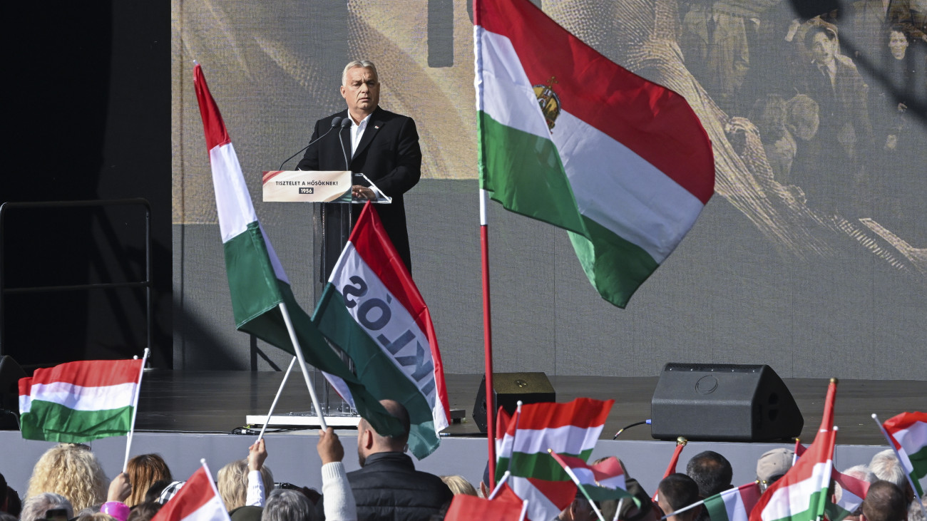 Orbán Viktor miniszterelnök ünnepi beszédet mond az 1956-os forradalom és szabadságharc 68. évfordulóján tartott megemlékezésen Budapesten, a Millenáris Parkban 2024. október 23-án.