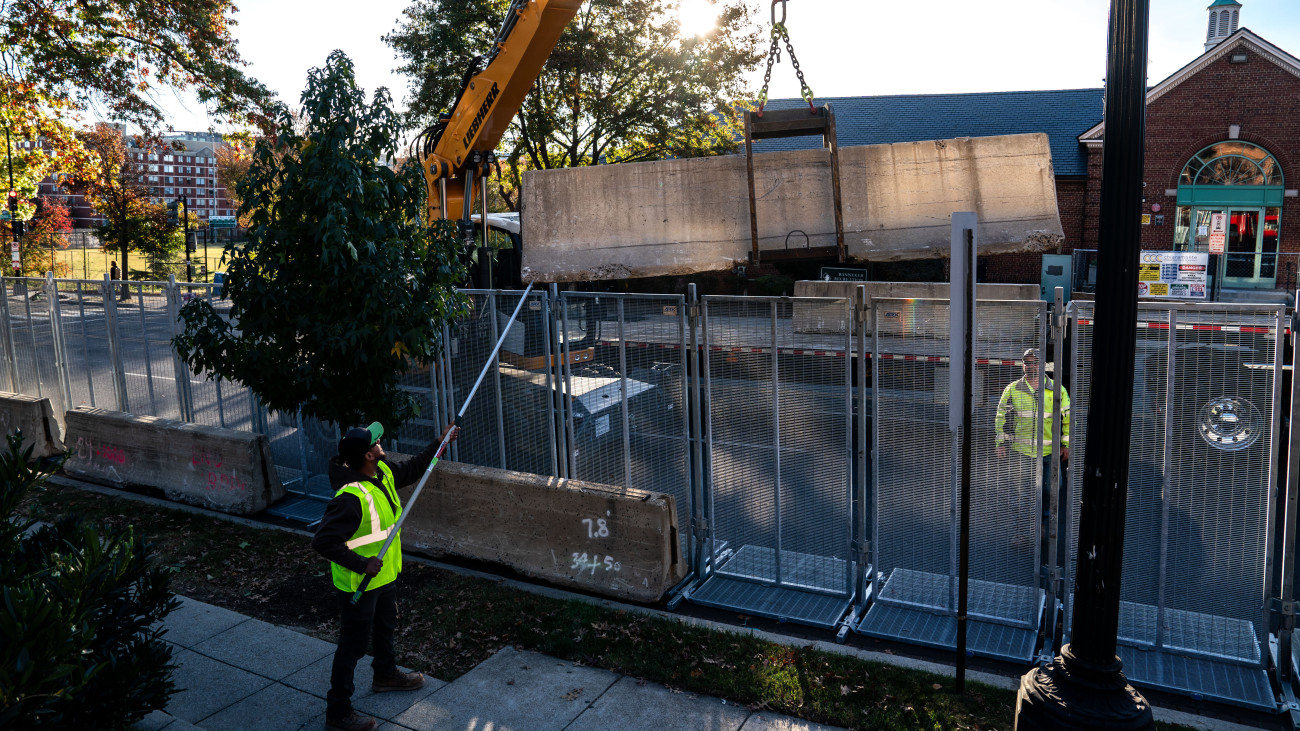 WASHINGTON, DC - NOVEMBER 03:  Workers erected anti-scale fencing and other security measures around Howard University on November 03, 2024 in Washington, DC. Democratic nominee Vice President Kamala Harris will spend election night at her alma mater, Howard University. (Kent Nishimura/Getty Images)