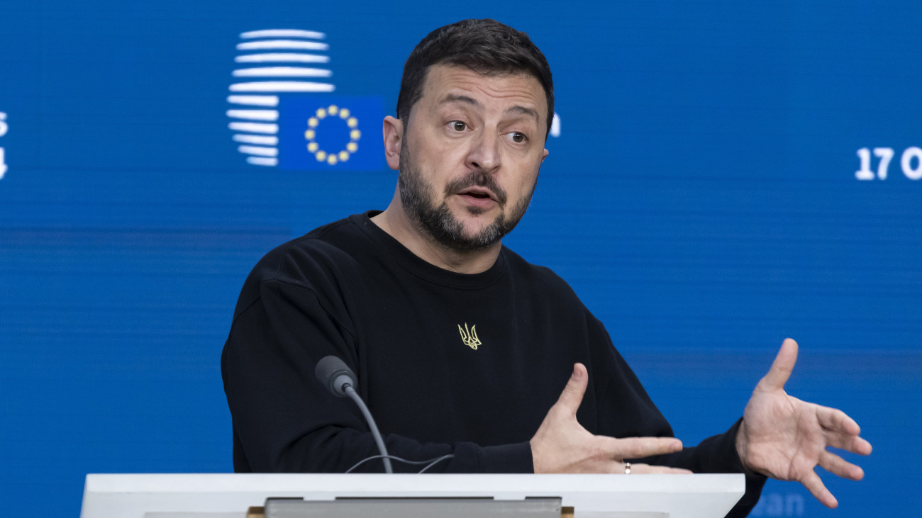 President of Ukraine Volodymyr Zelenskyy addresses a press conference during his visit at the European Council Summit, the EU leaders meeting at the headquarters of the European Union. The Ukrainian President responded to questions from journalists of international media, focusing on the victory plan and NATO. Brussels, Belgium on October 17, 2024 (Photo by Nicolas Economou/NurPhoto via Getty Images)