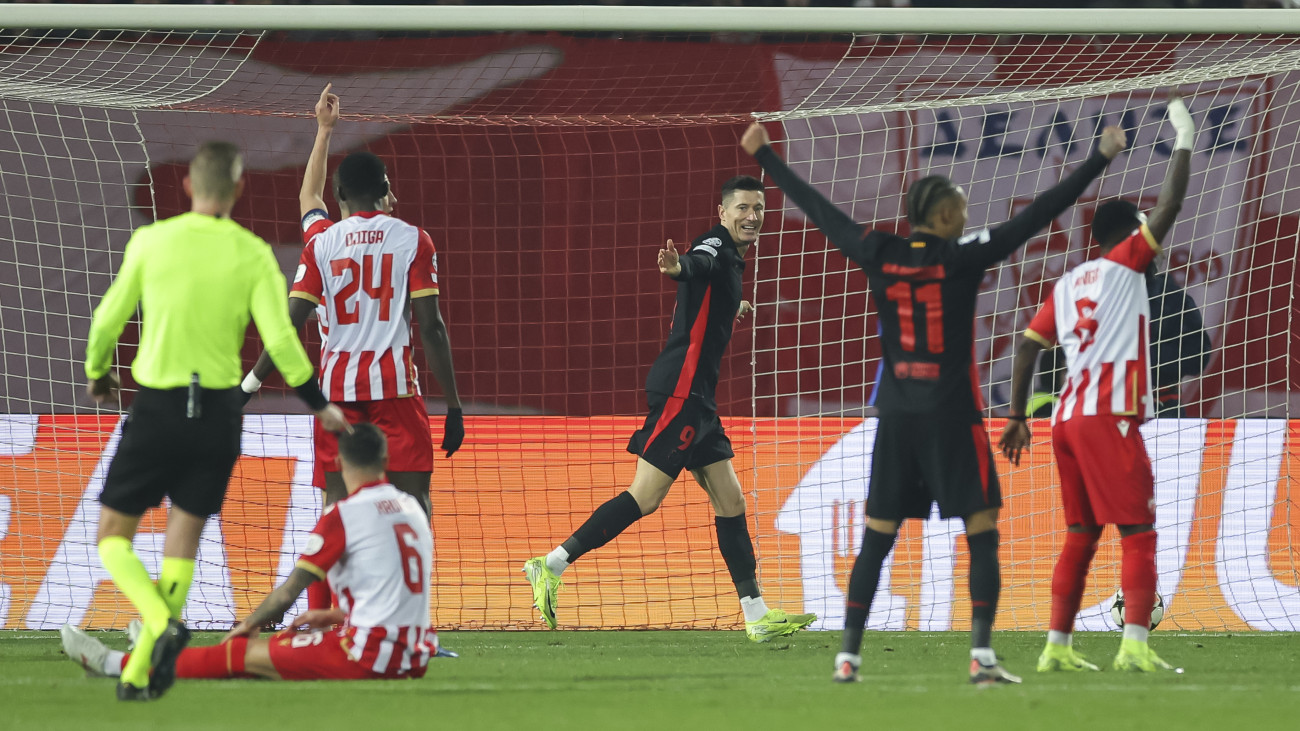 BELGRADE, SERBIA - NOVEMBER 6: Robert Lewandowski (C) of Barcelona celebrates after scoring a goal during the UEFA Champions League 2024/25 League Phase MD4 match between FK Crvena Zvezda and  FC Barcelona at Stadium Rajko Mitic on November 6, 2024 in Belgrade, Serbia. (Photo by Srdjan Stevanovic/Getty Images)