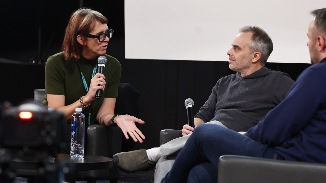 TORUN, POLAND - NOVEMBER 20: Cinematographer Bianca Cline (L) and film director Joel Souza (R) continue the discussions following screening of the movie Rust movie at Camerimage Festival in Torun, Poland on November 20, 2024. Actor Alec Baldwin fatally shot cinematographer Halyna Hutchins on a movie set in 2021. (Photo by Jakub Porzycki/Anadolu via Getty Images)