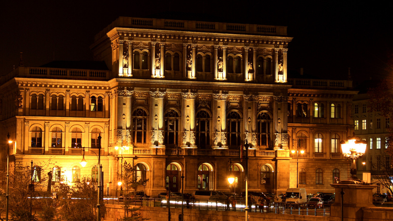 Budapest, Hungary - 4 December, 2014: The beautiful building of the Hungarian Academy of Sciences at night