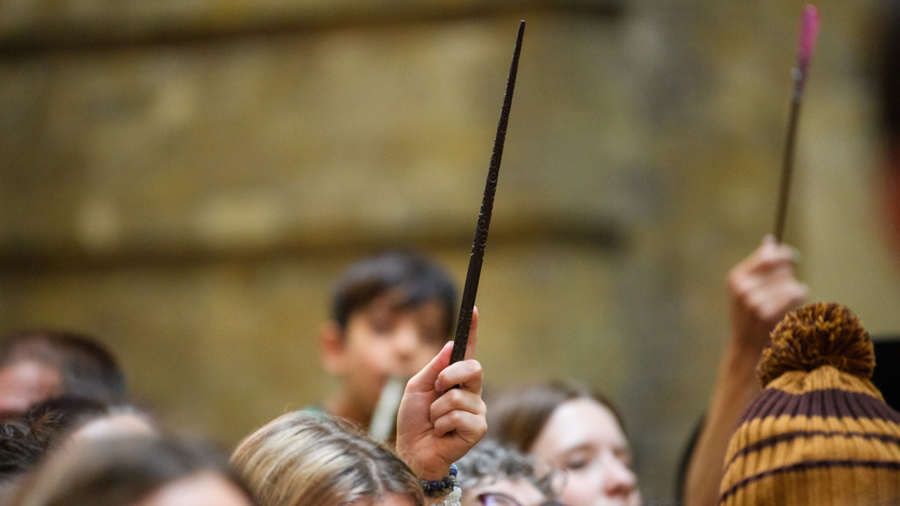 LONDON, ENGLAND - SEPTEMBER 01: A wand is raised above the crowds during Back To Hogwarts Day 2023 on September 01, 2023 in London, England. (Photo by Joe Maher/Getty Images)