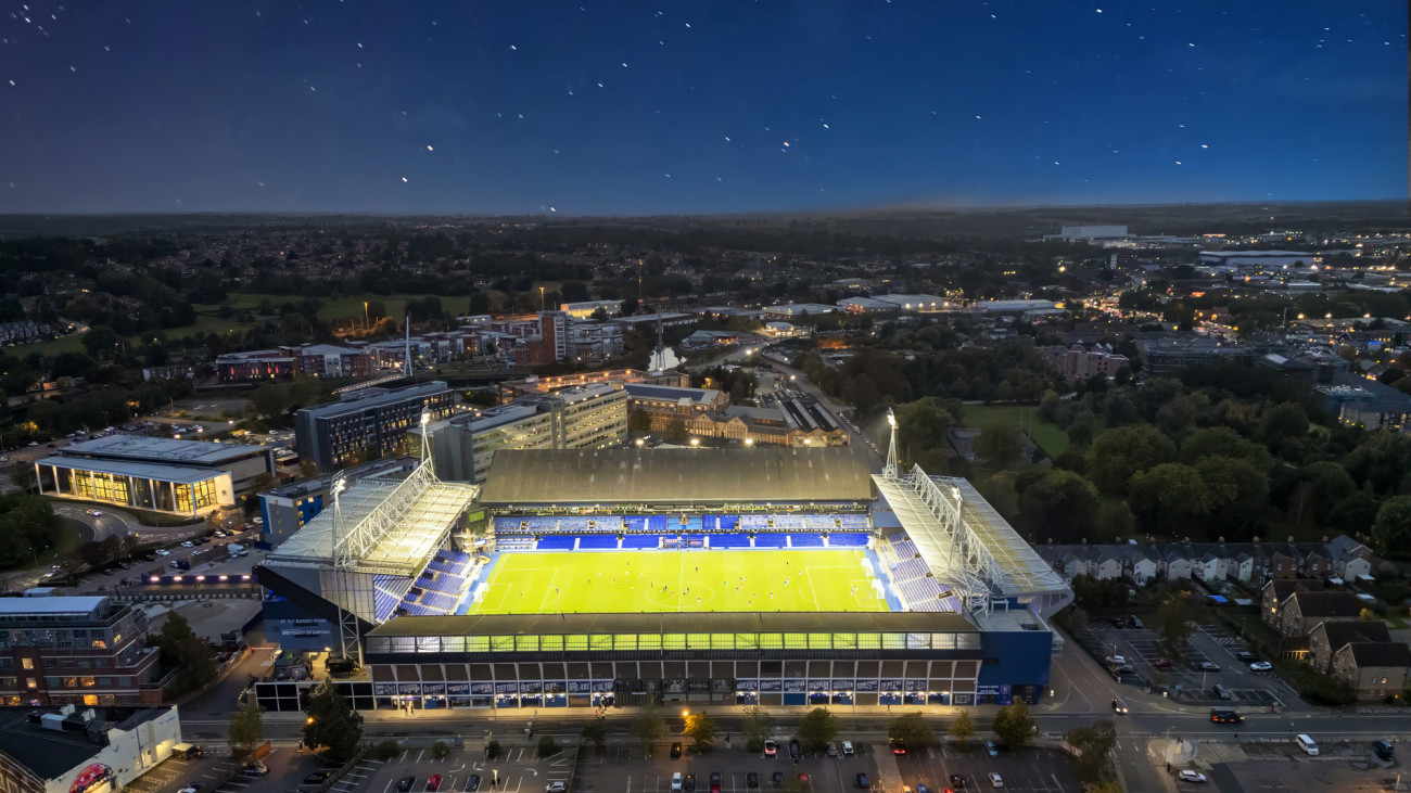 Ipswich, Suffolk, UK - 8th October 2024: An aerial view of Portman Road, home of Ipswich Town FC, at night in Ipswich, Suffolk, UK