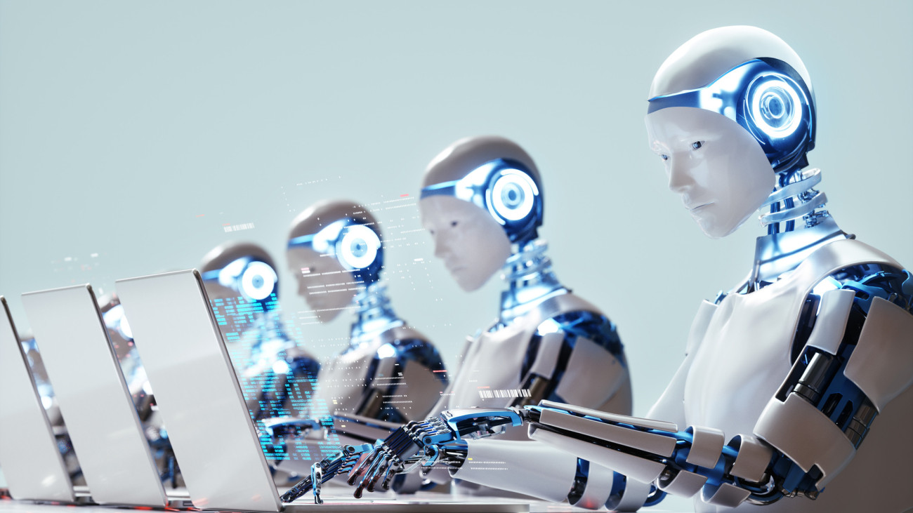 Digital generated image of multiple robots working on laptops siting in a raw. Smart technology, automation and artificial intelligence concept.