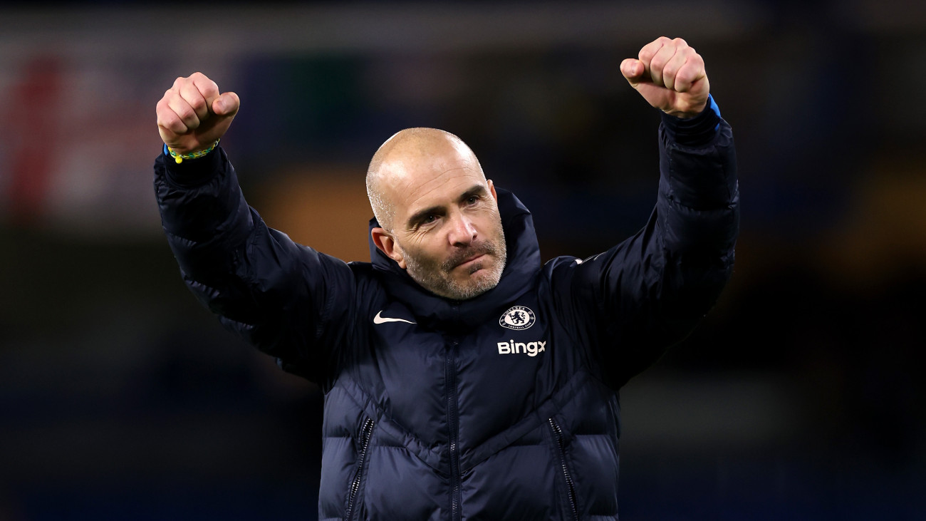 LONDON, ENGLAND - DECEMBER 15: Enzo Maresca, Manager of Chelsea, celebrates after the teams victory during the Premier League match between Chelsea FC and Brentford FC at Stamford Bridge on December 15, 2024 in London, England. (Photo by Ryan Pierse/Getty Images)