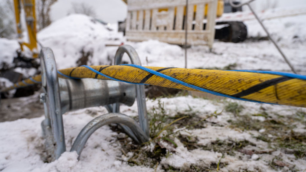 29 November 2023, Mecklenburg-Western Pomerania, Sassnitz: Landing point of the fiber optic cable on the island of RĂźgen. After several weather-related delays, an 800-kilometre-long undersea cable from Scandinavia landed in Sassnitz on the island of RĂźgen on Wednesday, and the yellow, broomstick-thick cable will soon be connected to GlobalConnects fiber optic network. Including land and sea routes, the cable for the digital high-speed highway is a total of 2600 kilometers long, as GlobalConnect announced. Work began in fall 2021. Photo: Stefan Sauer/dpa (Photo by Stefan Sauer/picture alliance via Getty Images)