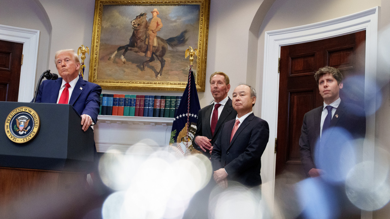 WASHINGTON, DC - JANUARY 21: U.S. President Donald Trump, accompanied by (L-R) Oracle CTO Larry Ellison, SoftBank CEO Masayoshi Son, and OpenAI CEO Sam Altman, takes a question from a reporter during a news conference in the Roosevelt Room of the White House on January 21, 2025 in Washington, DC. Trump announced an investment in artificial intelligence (AI) infrastructure and took questions on a range of topics including his presidential pardons of Jan. 6 defendants, the war in Ukraine, cryptocurrencies and other topics. (Photo by Andrew Harnik/Getty Images)
