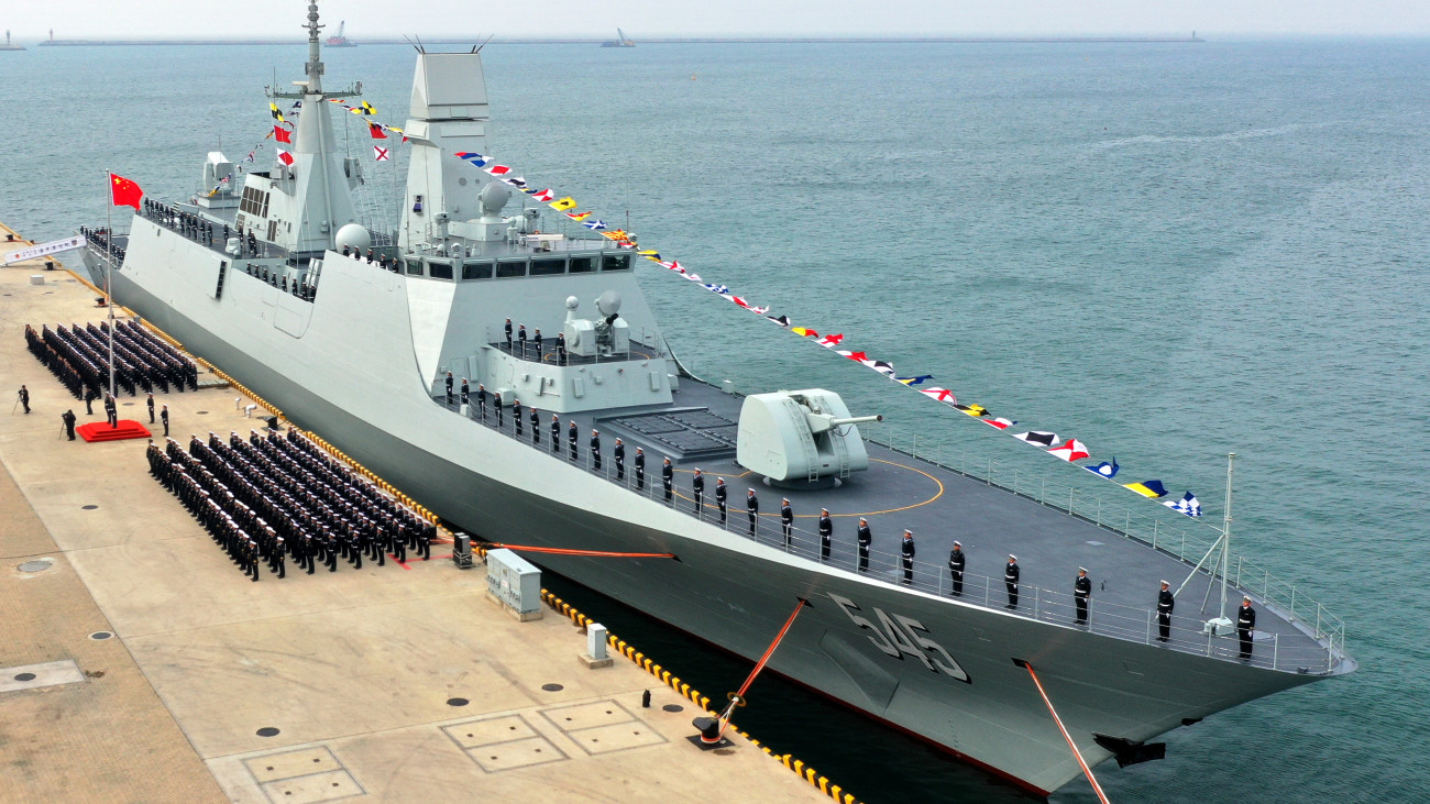 QINGDAO, CHINA - JANUARY 22: Chinas first Type 054B frigate, the Luohe, is commissioned in the Peoples Liberation Army (PLA) Navy at a military port on January 22, 2025 in Qingdao, Shandong Province of China. The Luohe, designated hull number 545, has a displacement of approximately 5,000 tonnes. This new-generation frigate, independently developed and constructed by China, boasts advancements in stealth technology, combat command systems and firepower integration, significantly enhancing overall performance. (Photo by VCG/VCG via Getty Images)