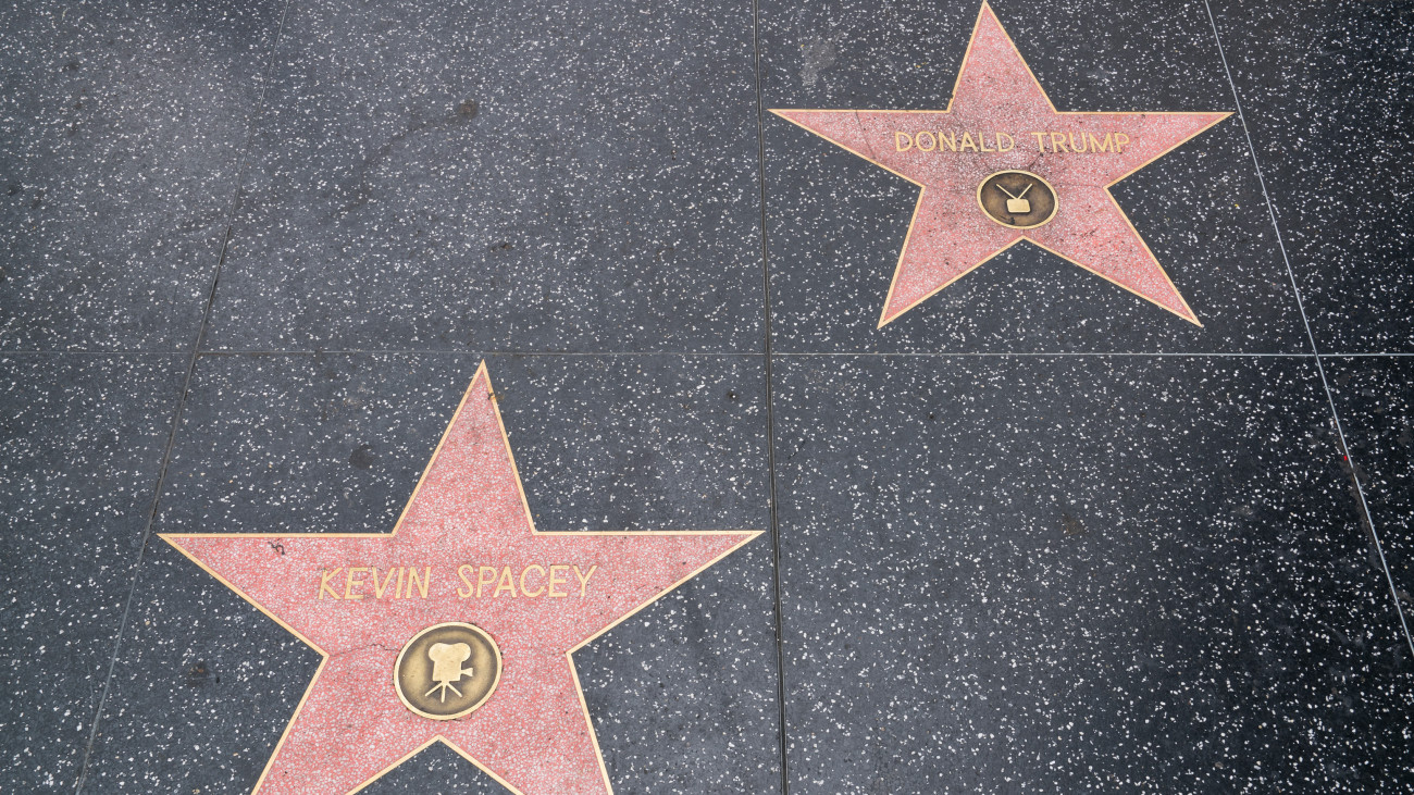 LOS ANGELES, CA - OCTOBER 31: Kevin Spacey, who has famously portrayed fictional Democratic U.S. President Frank Underwood in Netflixs House of Cards  has his star situated next to current Republican U.S. President Donald Trumps star on the Walk of Fame on Hollywood Blvd on October 31, 2017 in Los Angeles, California.  (Photo by AaronP/Bauer-Griffin/GC Images)