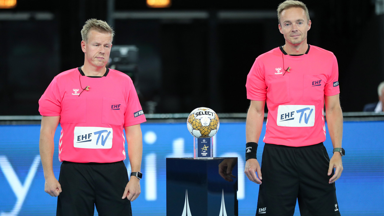 ZAGREB, CROATIA - OCTOBER 9: Referee Mads Hansen and Referee Jesper Madsen ahead of EHF Champions League Group Phase match between HC Zagreb and OTP Bank - Pick Szeged at Arena Zagreb on October 9, 2024 in Zagreb, Croatia. (Photo by Matija Habljak/Pixsell/MB Media/Getty Images)