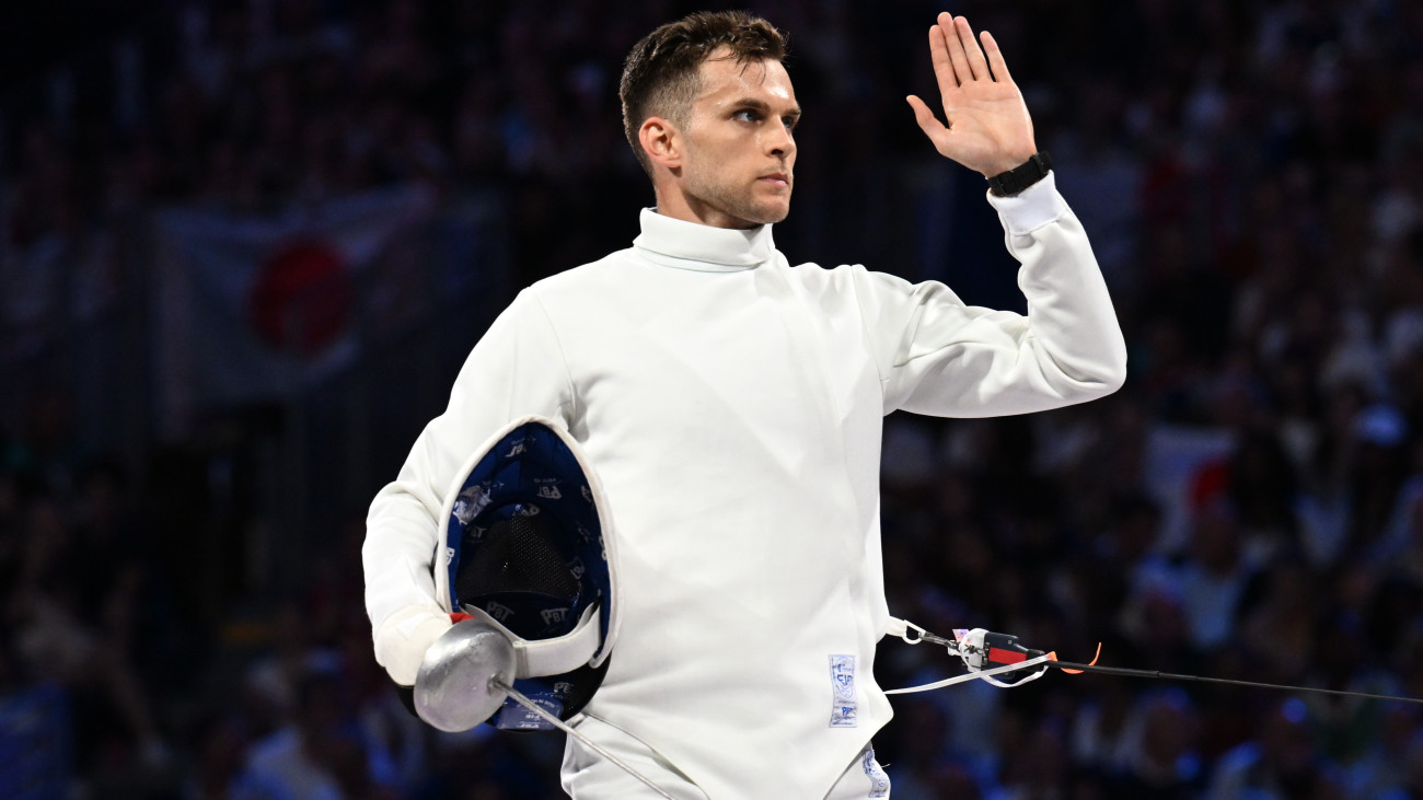 Nagy Dávid a 2024-es párizsi nyári olimpia férfi párbajtőr csapatversenyének döntőjében a Grand Palais kiállítócsarnokban 2024. augusztus 2-án.