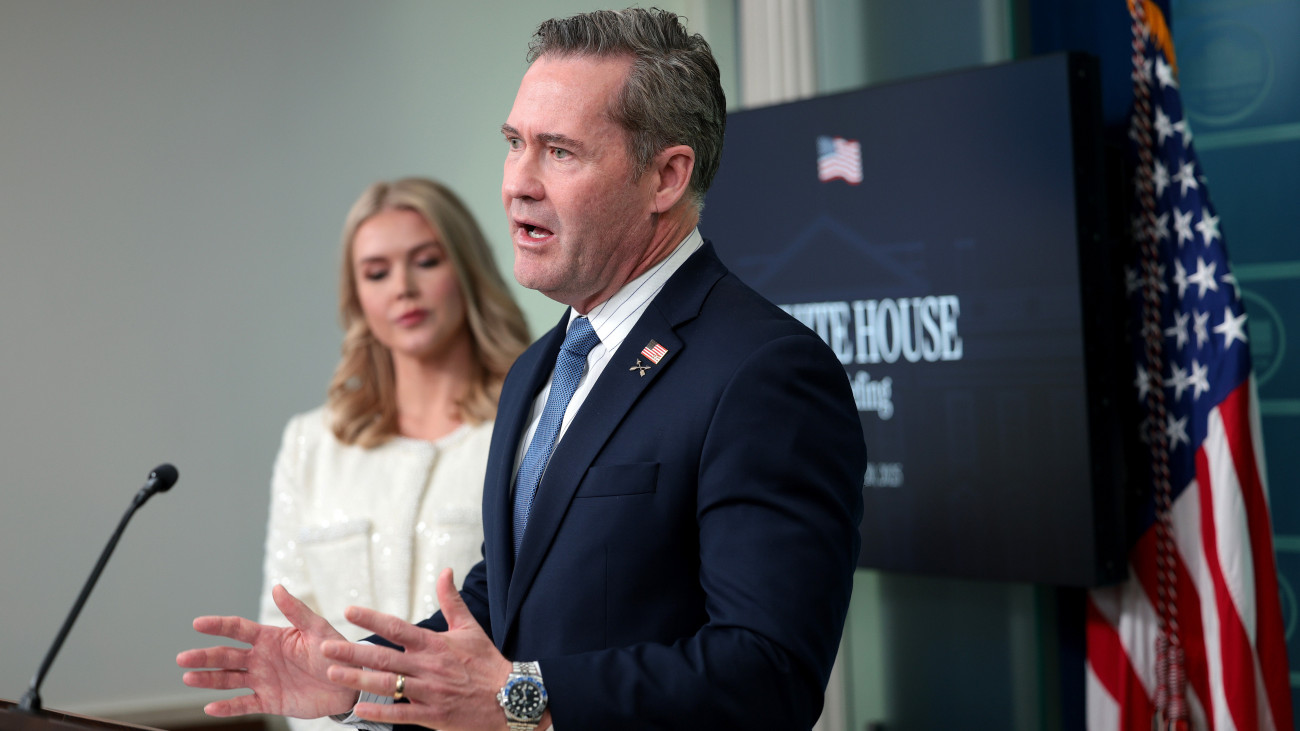 WASHINGTON, DC - FEBRUARY 20: National Security Advisor Mike Waltz speaks alongside White House Press Secretary Karoline Leavitt at a press briefing at the White House on February 20, 2025 in Washington, DC. Today marks the one month anniversary of Trumpâs second term in office. Trump has signed more executive orders in his first 10 days in office than any recent president has in their first 100 days. (Photo by Win McNamee/Getty Images)