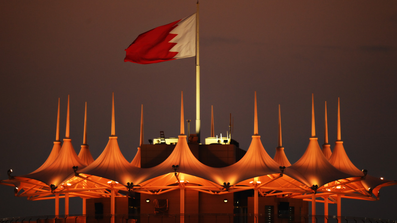 BAHRAIN, BAHRAIN - DECEMBER 03: A general view of the Bahrain flag flying atop the Sakhir Tower during previews ahead of the F1 Grand Prix of Sakhir at Bahrain International Circuit on December 03, 2020 in Bahrain, Bahrain. (Photo by Clive Mason - Formula 1/Formula 1 via Getty Images)